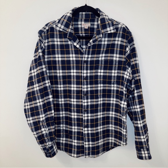 Merona Navy Blue Plaid Flannel Shirt With Pocket Men's Medium 100% Cotton - Picture 2 of 5